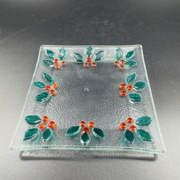 Square Fused Art Glass Dish Plate With Holly Berries Flowers Clear Holiday VTG - Picture 10 of 10